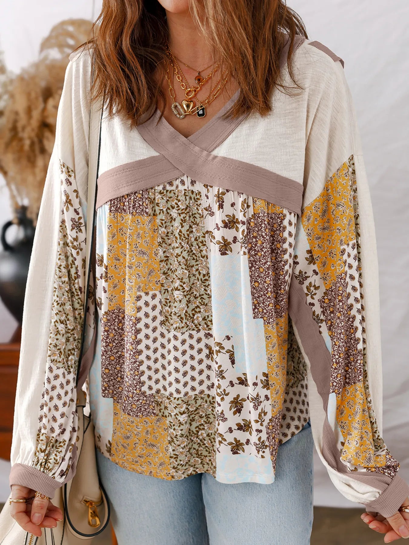 Floral Printed Contrast Patchwork Long Sleeve Top Khaki - Fashorio
