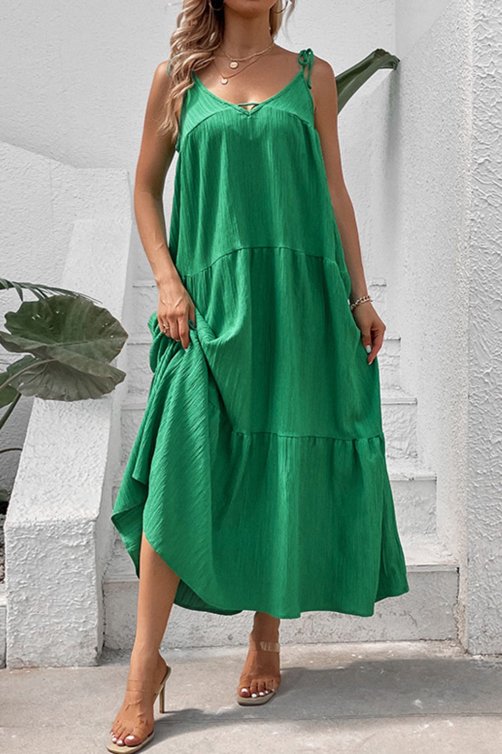 Tie shoulder tiered sleeveless maxi dress back view