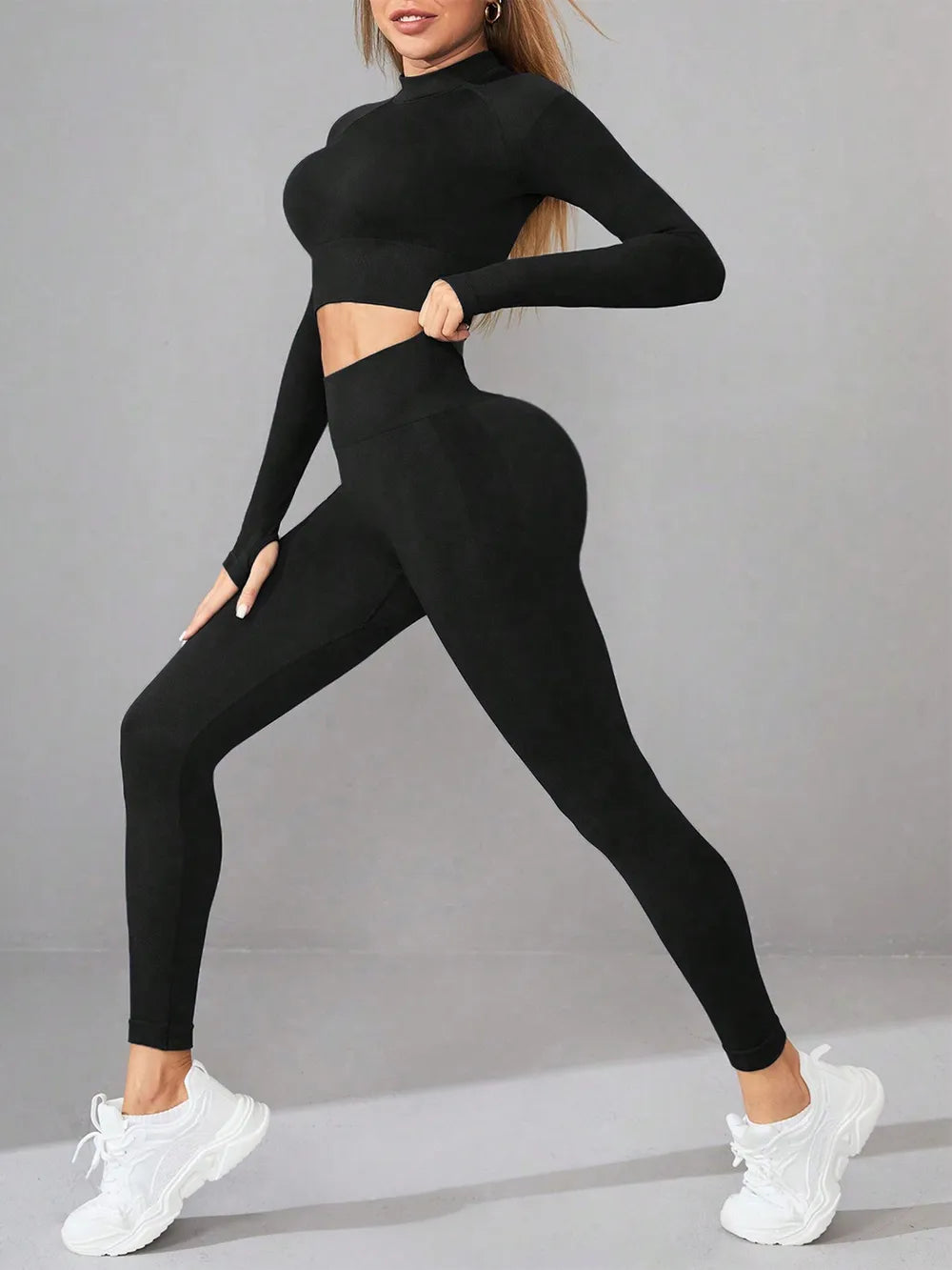 Mock Neck Long Sleeve Top and Leggings Active Set - Fashorio