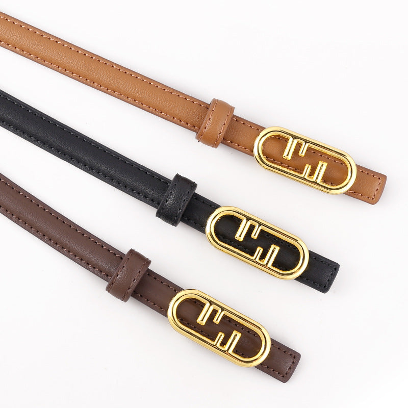 Buckle leather skinny belt coiled flat