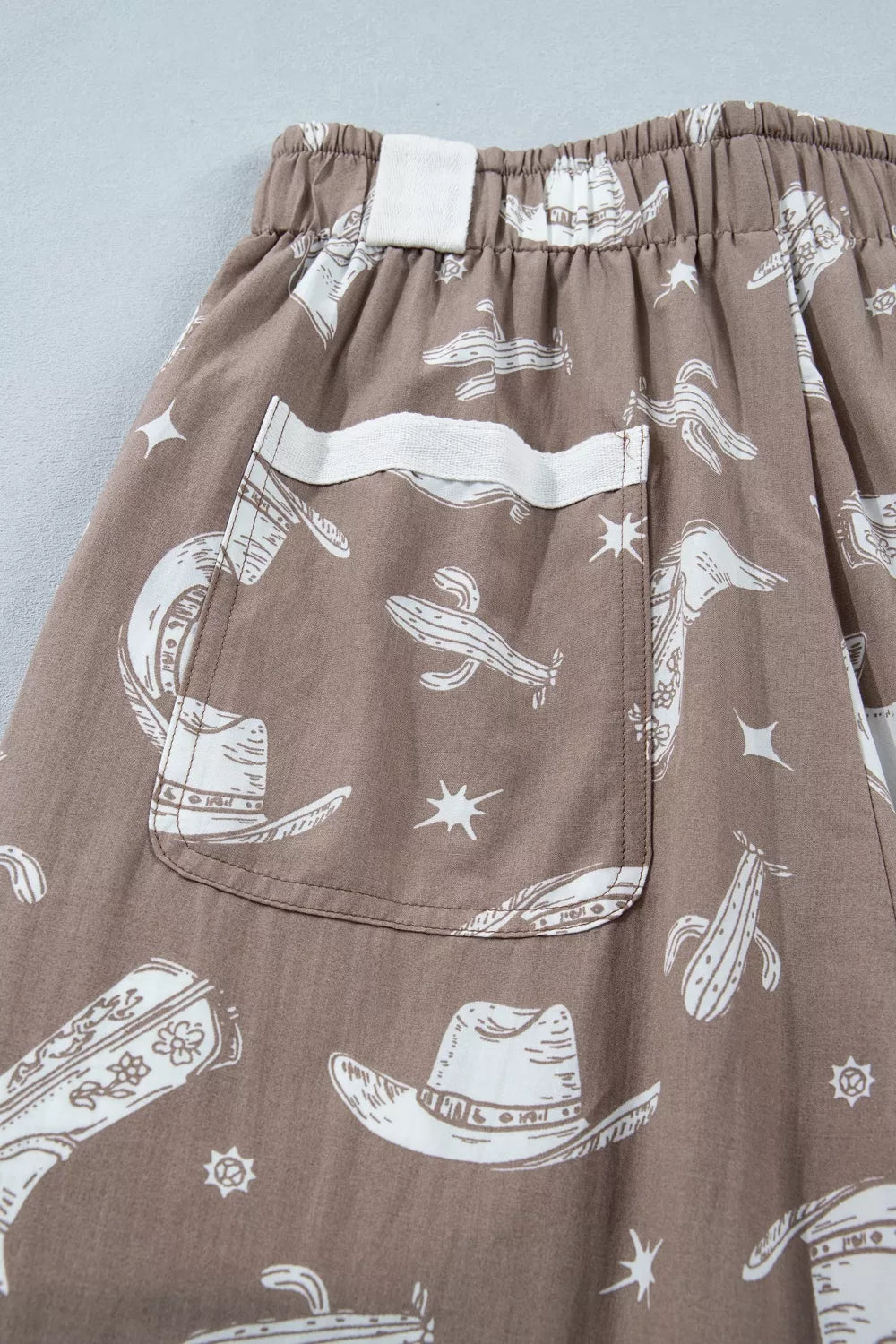 Mocha western cactus print drawstring jogger pants, styled look