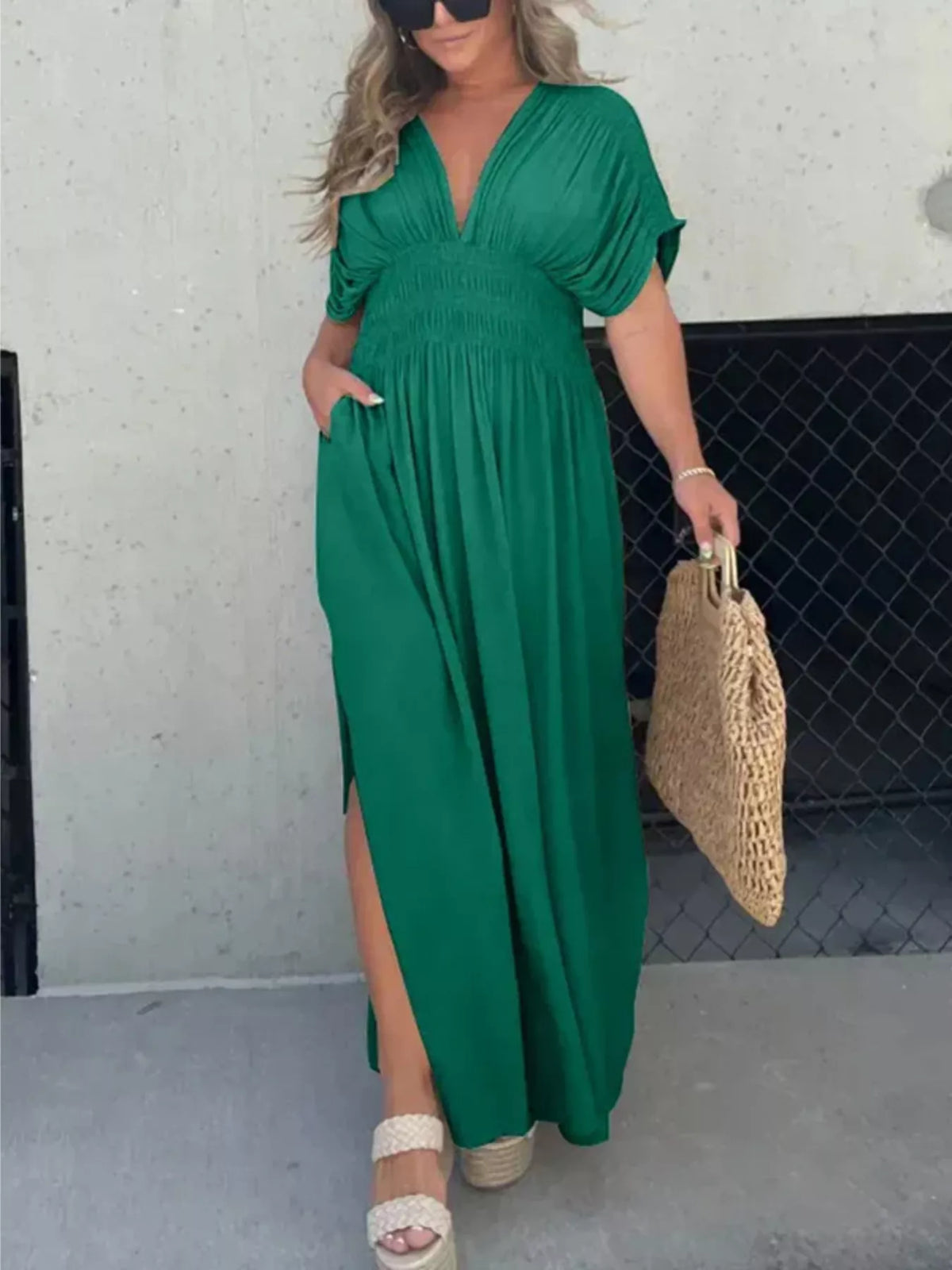 Slit V neck smocked waist maxi dress model wearing