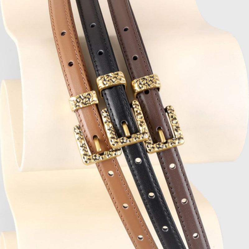 Skinny buckle leather belt full length view
