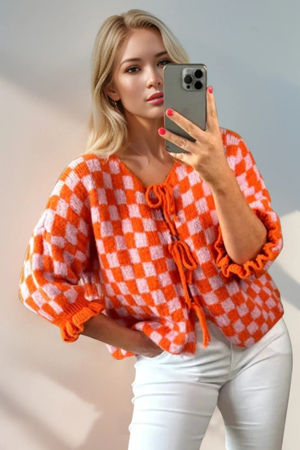 Double Take Tied Checkered Dropped Shoulder Flounce Sleeve Cardigan Orange - Fashorio