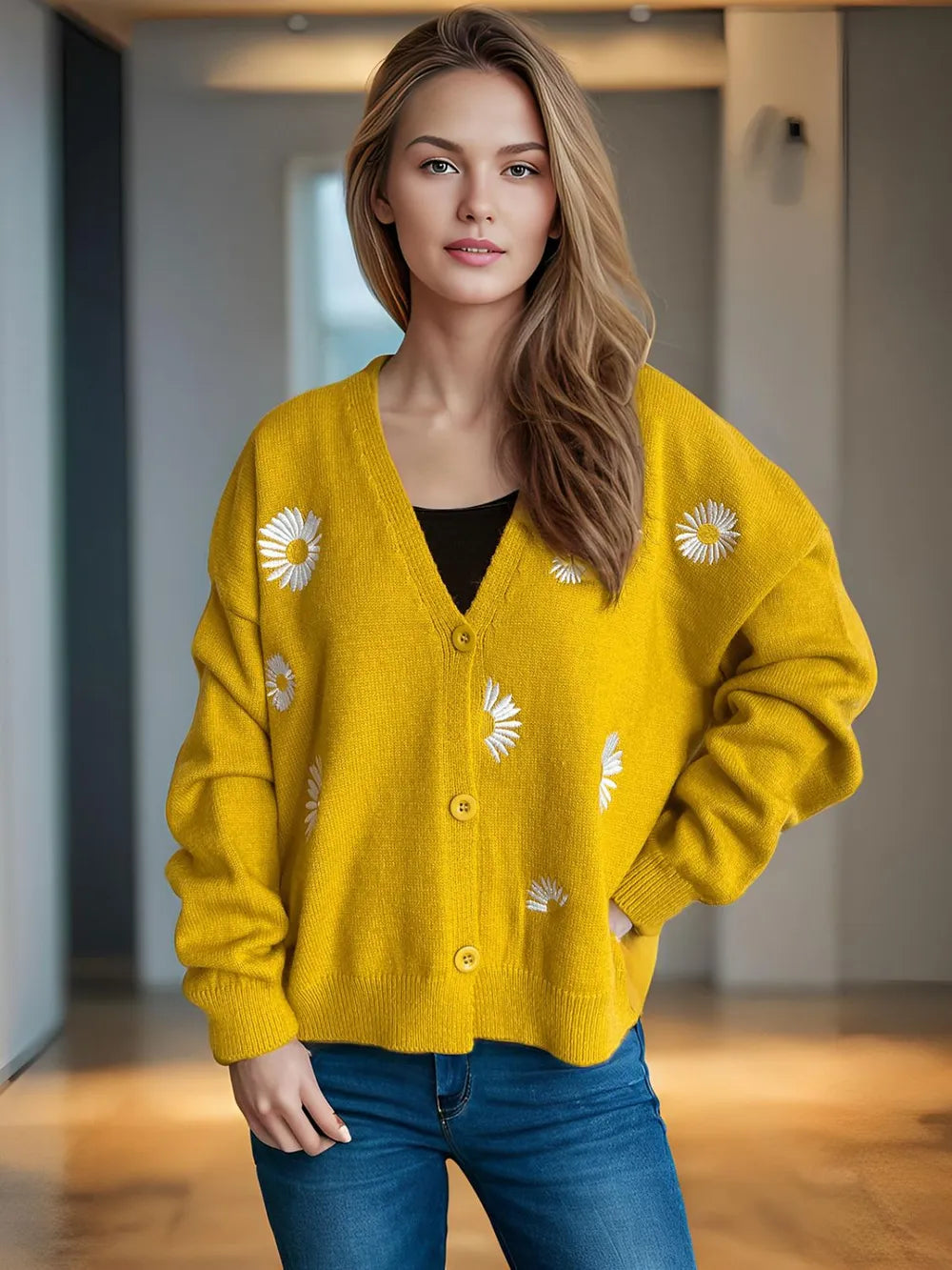 Daisy Button Up V-Neck Cardigan Mustard One Size - Fashorio