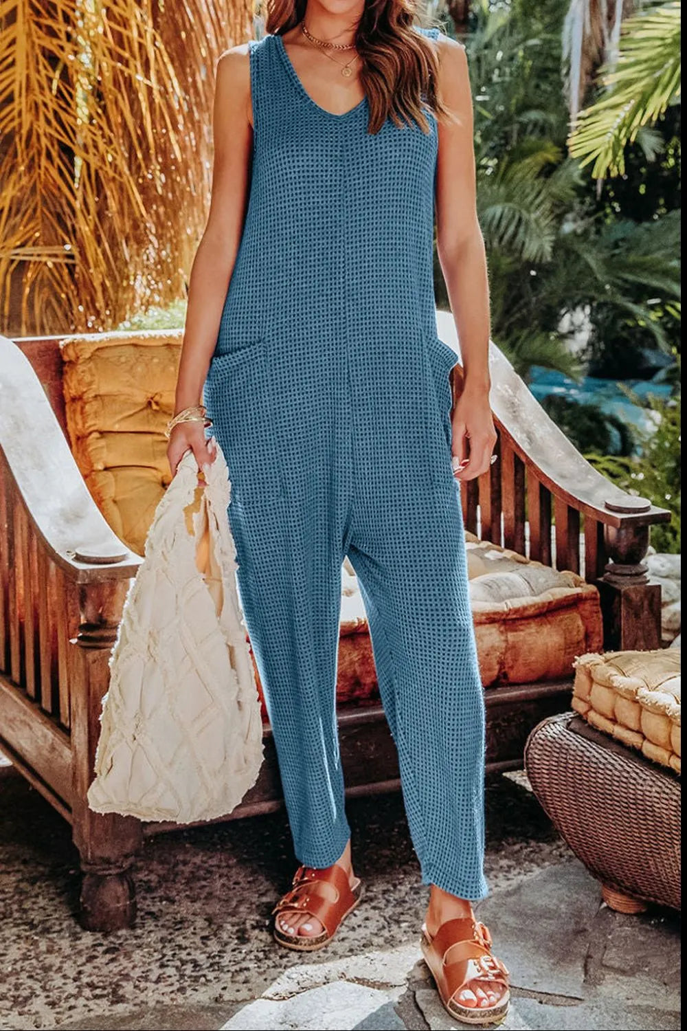 Sleeveless straight leg jumpsuit front view