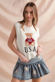 SO ME Teddy Bear Wearing An American Flag With Usa Embroidered Sweater Vest IVORY - Fashorio