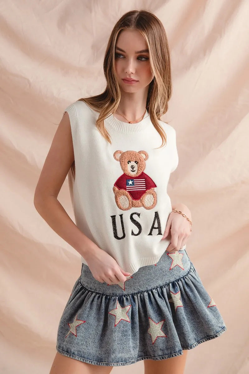 SO ME Teddy Bear Wearing An American Flag With Usa Embroidered Sweater Vest IVORY - Fashorio