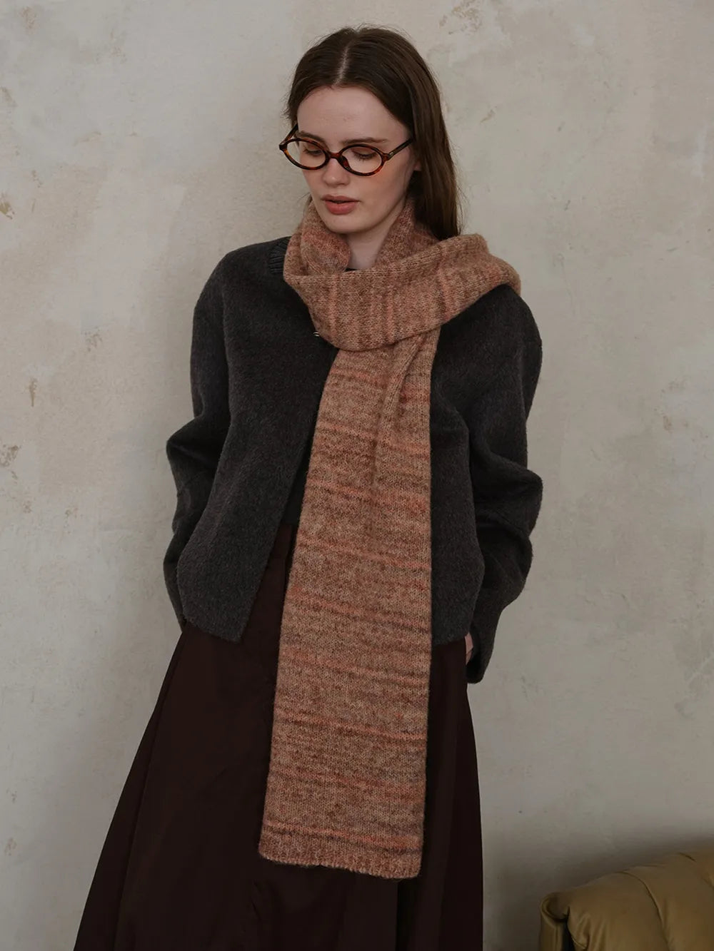 Striped detail knit scarf wrapped around neck