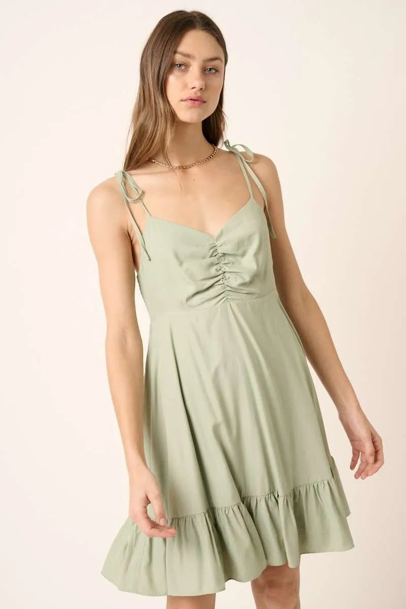 Ruched Spaghetti Strap Mini Dress in Sage side view
