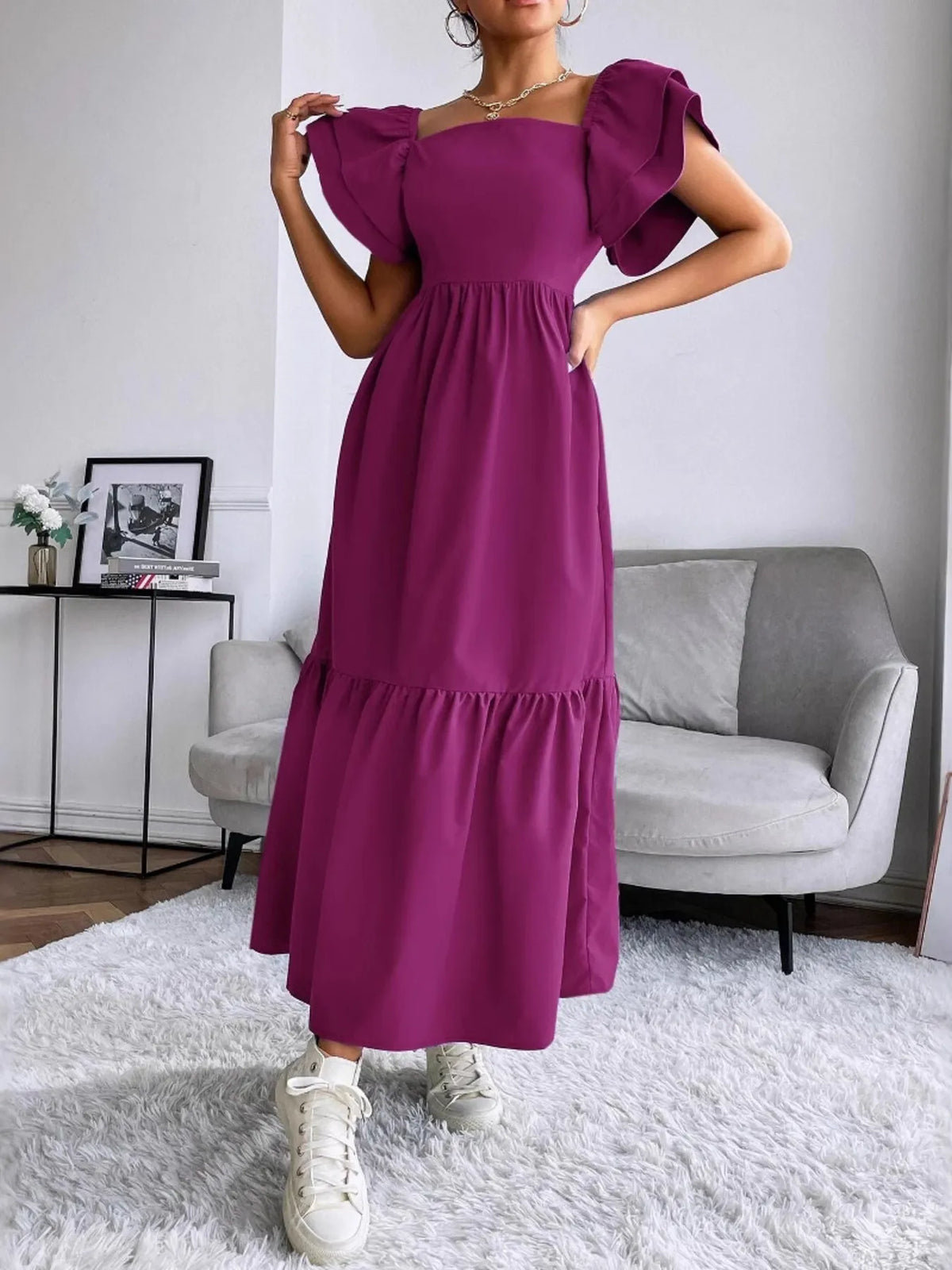 Tiered square neck maxi dress back detail