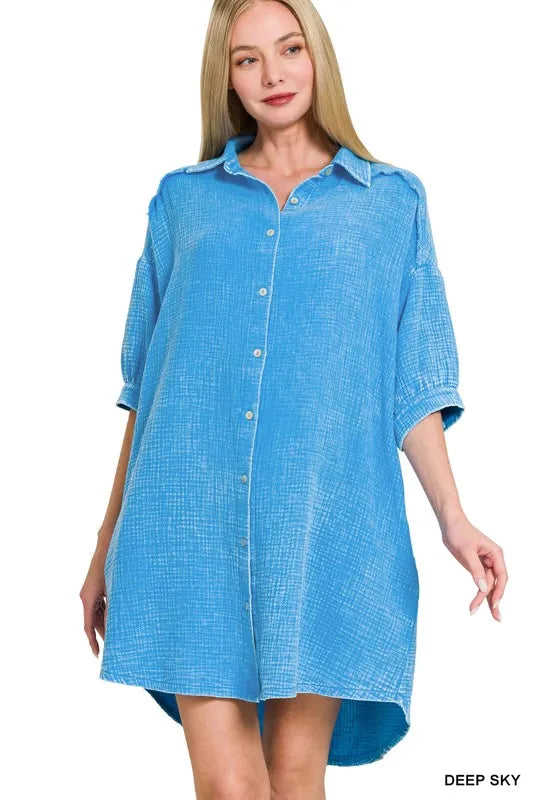 Washed Double Gauze Button Down Shirt Dress in Sky Blue detail