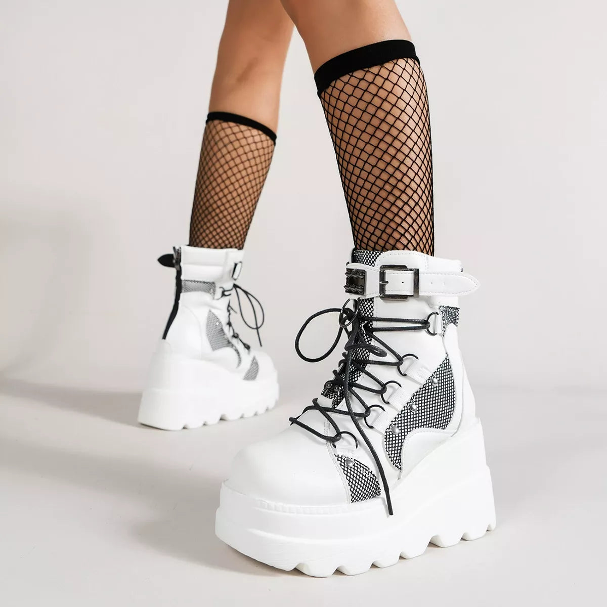 Lace up platform wedge boots front view