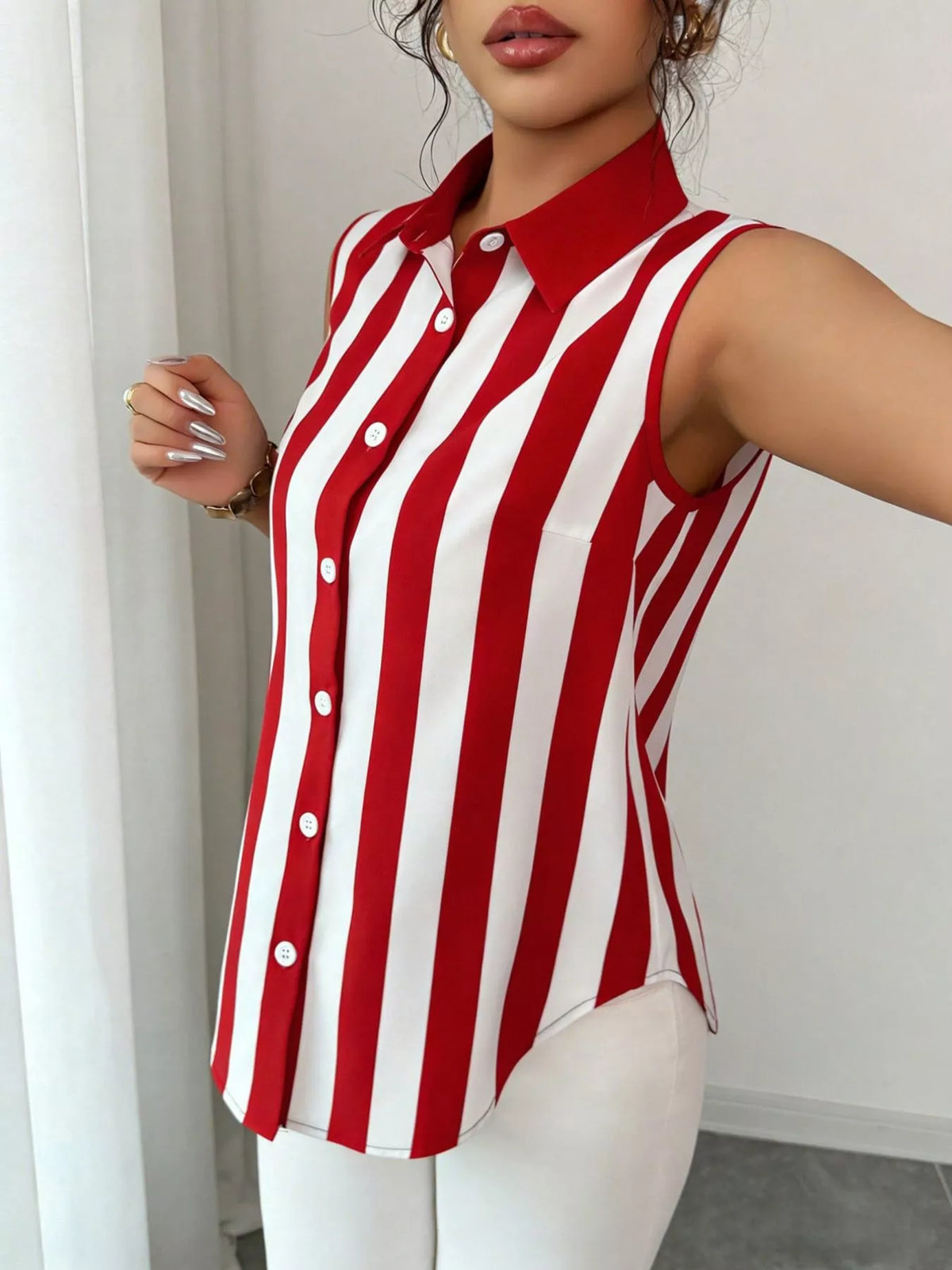 Button up sleeveless shirt color option shown from the back