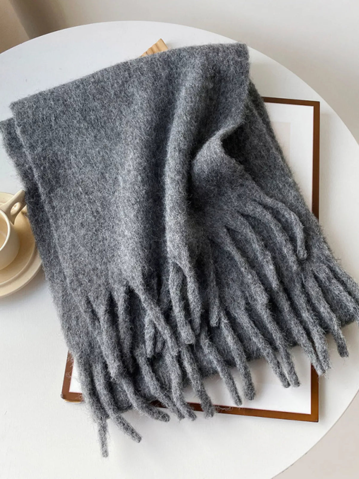 Fringe solid color polyester scarf full length
