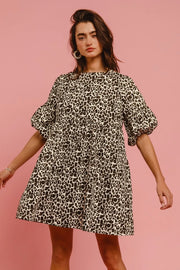 BiBi Leopard Denim Dress With Back Contrast Tie Detail OFF WHITE LEOPARD - Fashorio