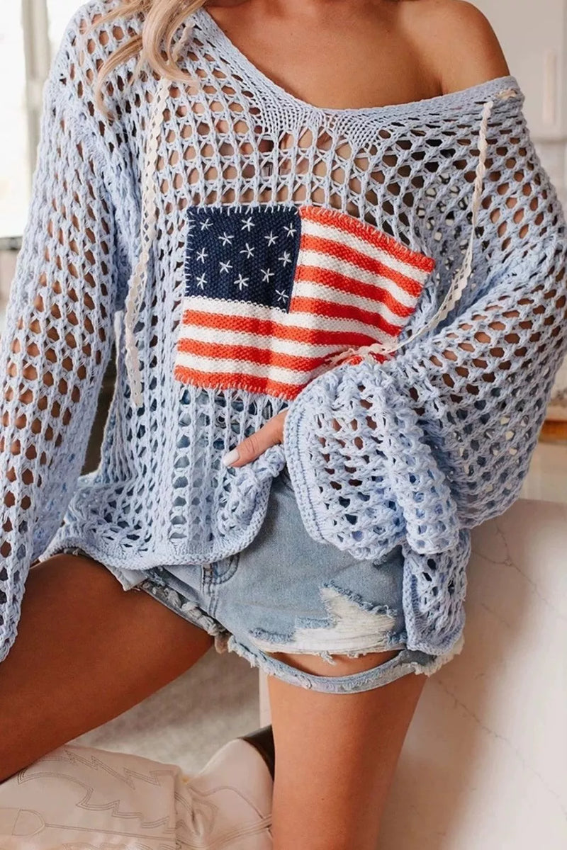 Crochet flag patch knit kimono cover up front