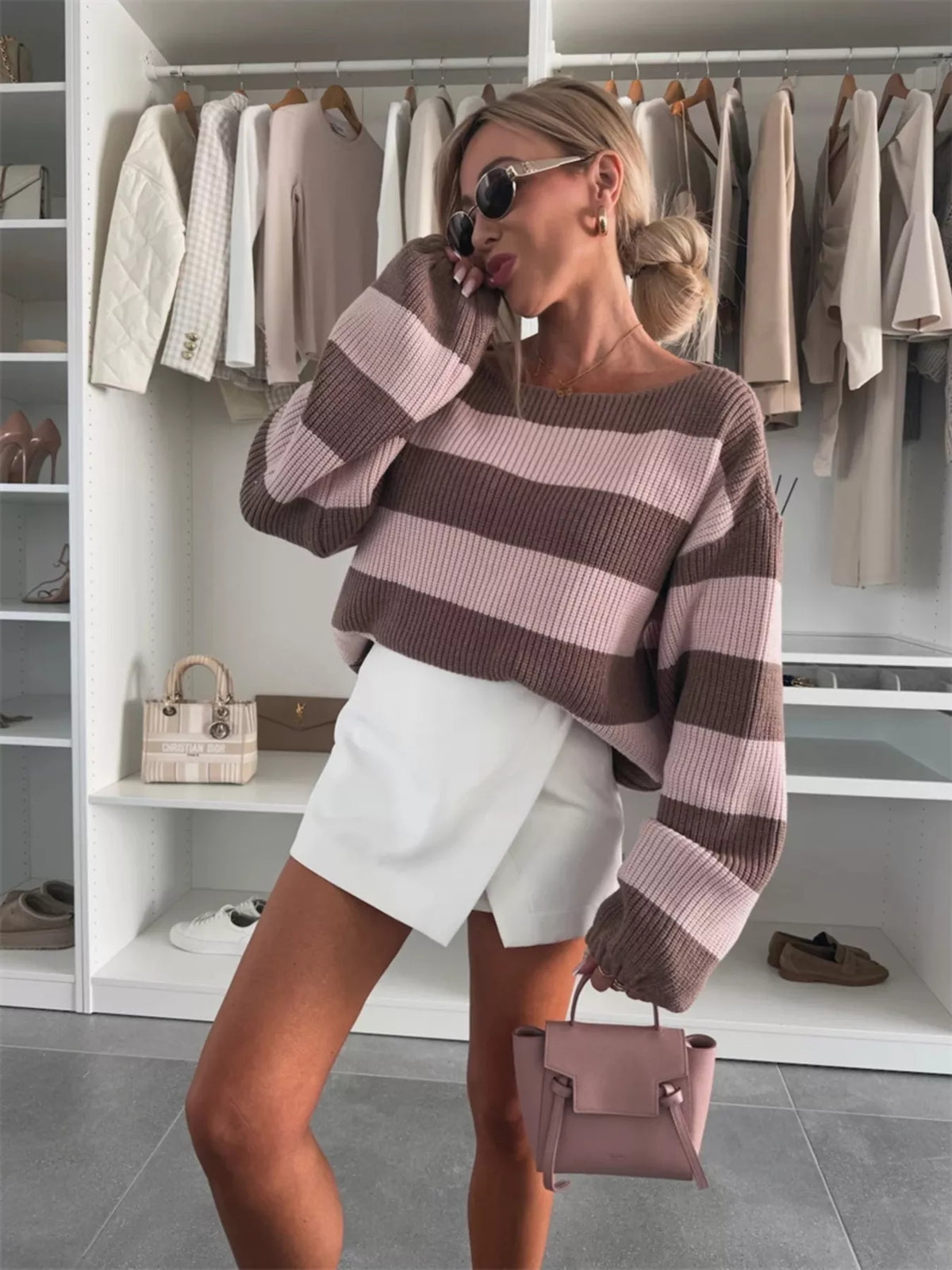 contrast striped long sleeve sweater pink and brown back view