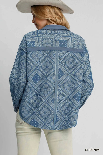 Umgee Paisley Print Denim Shirt Jacket - Fashorio