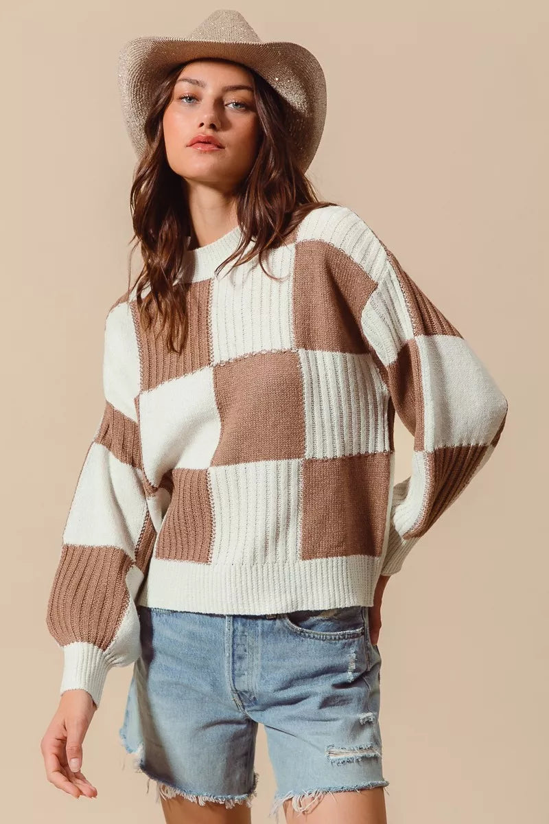 Ribbed Checkered Plaid Color Block Sweater in Coffee and Ivory close up
