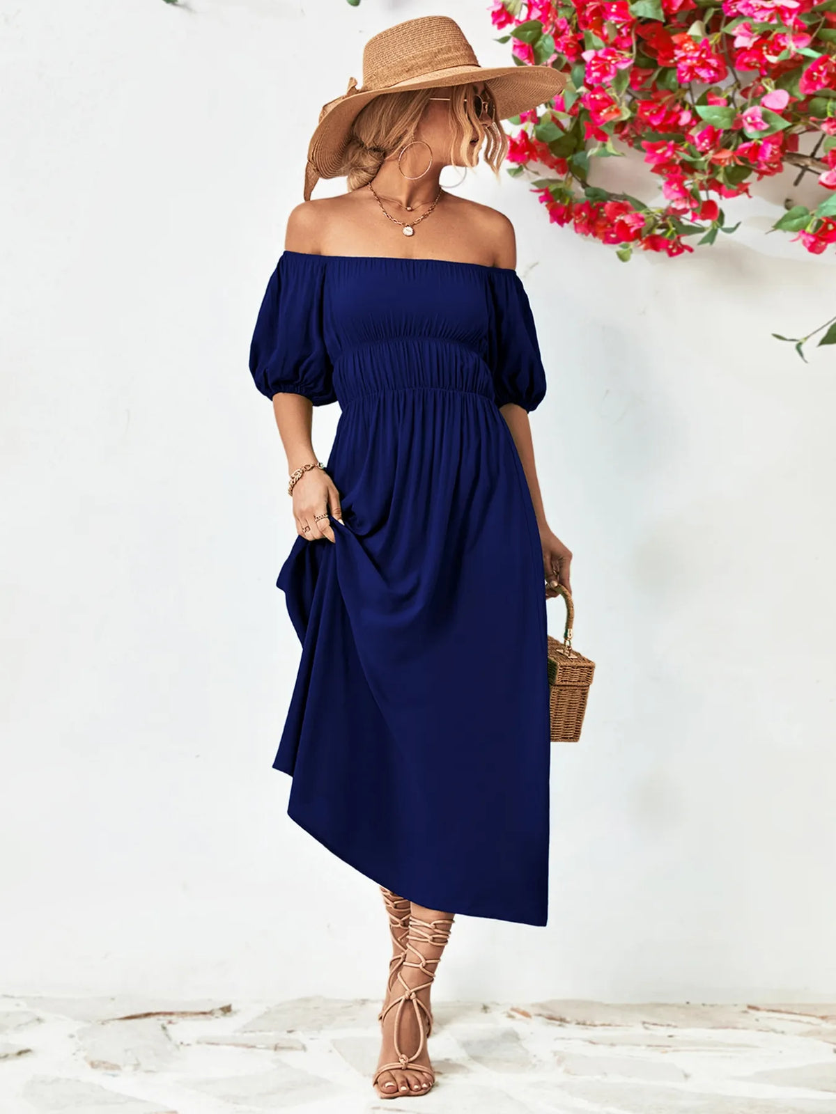 Off shoulder puff sleeve smocked maxi dress, full outfit view