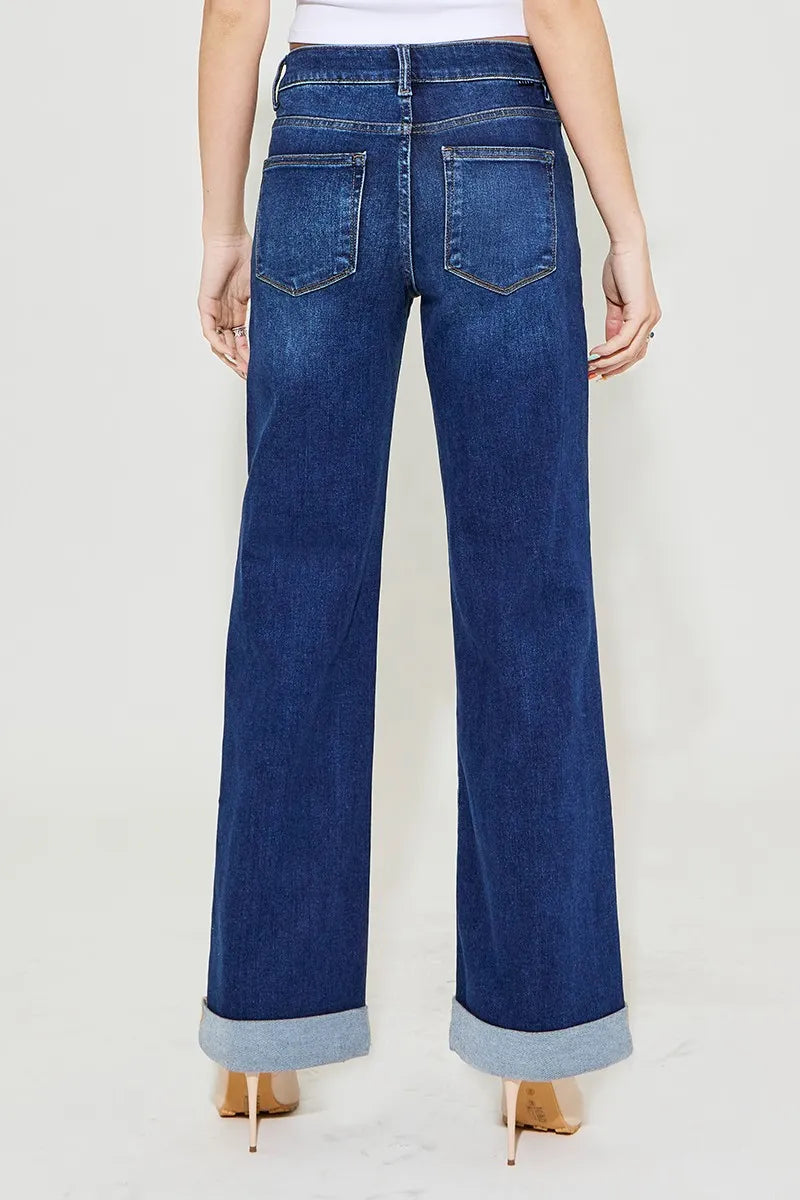 RISEN Plus Size Tummy Control High Rise Wide Leg Cuffed Jeans - Fashorio