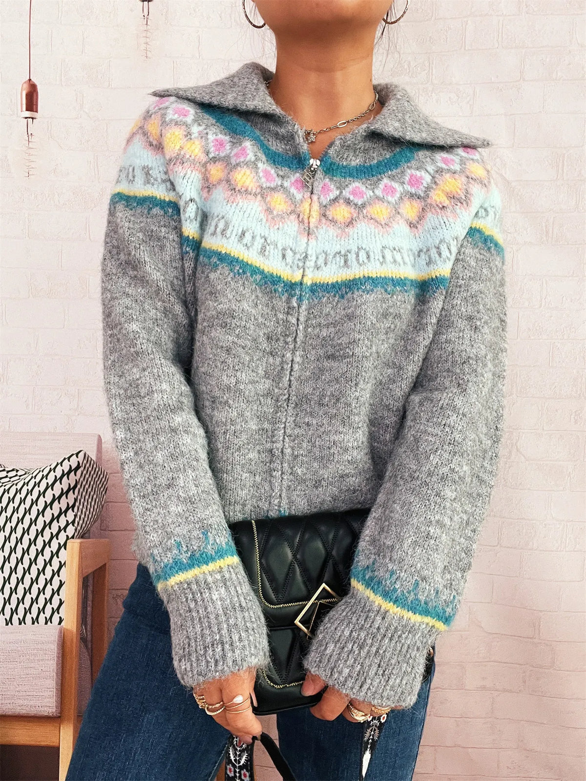 fair isle pattern zip up cardigan hem detail