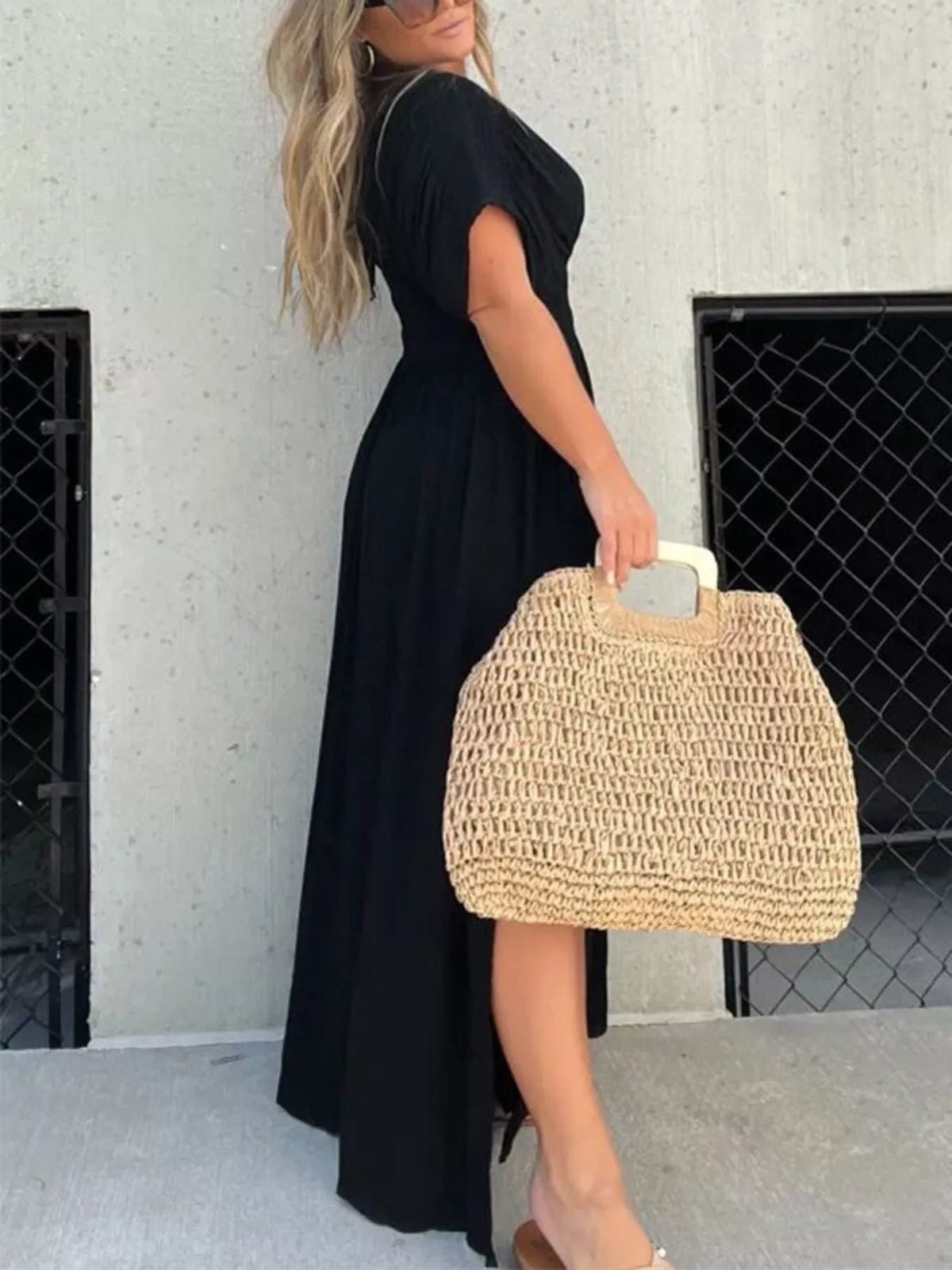 Slit V neck smocked waist maxi dress close up