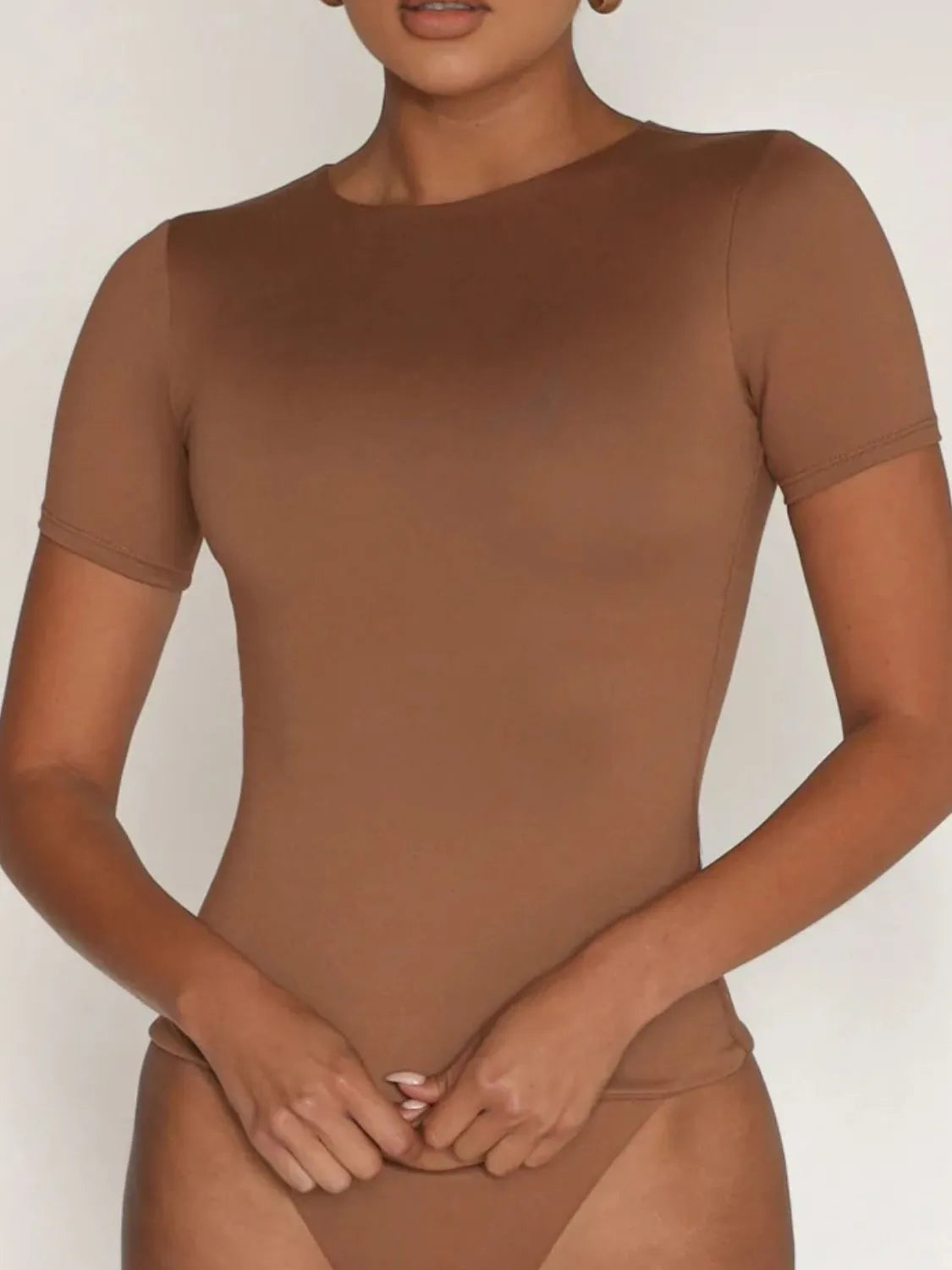 Round Neck Short Sleeve Swim Top Caramel - Fashorio