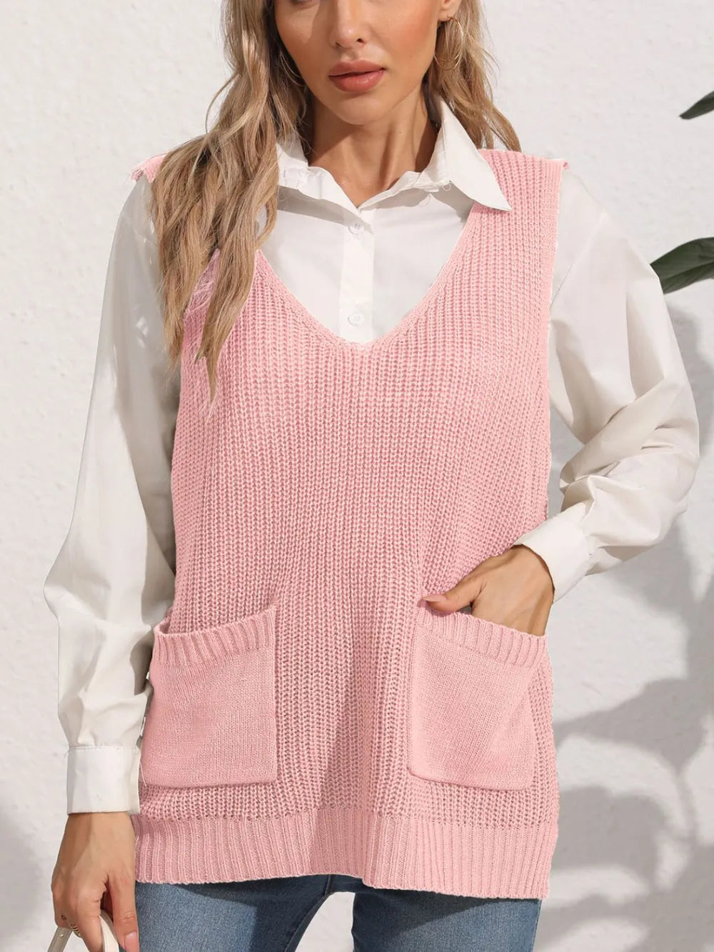 Pocketed V Neck Sweater Vest in Camel on model