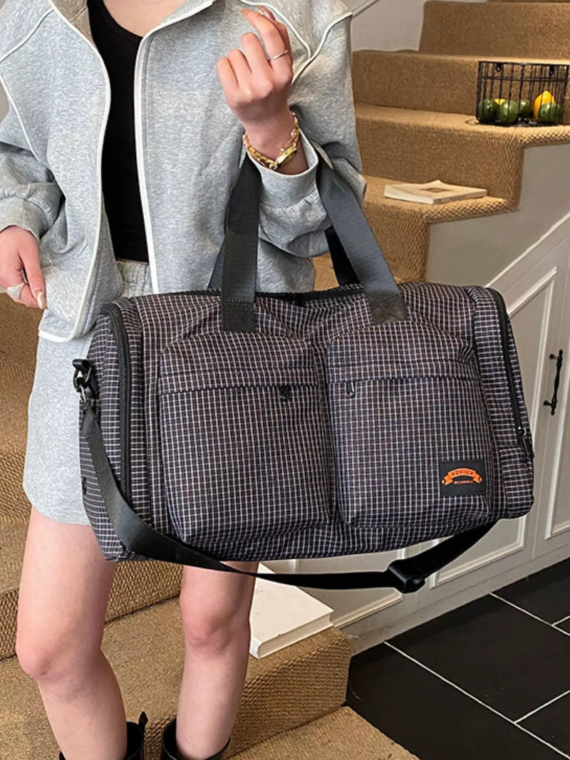 Black plaid Oxford duffel bag front view