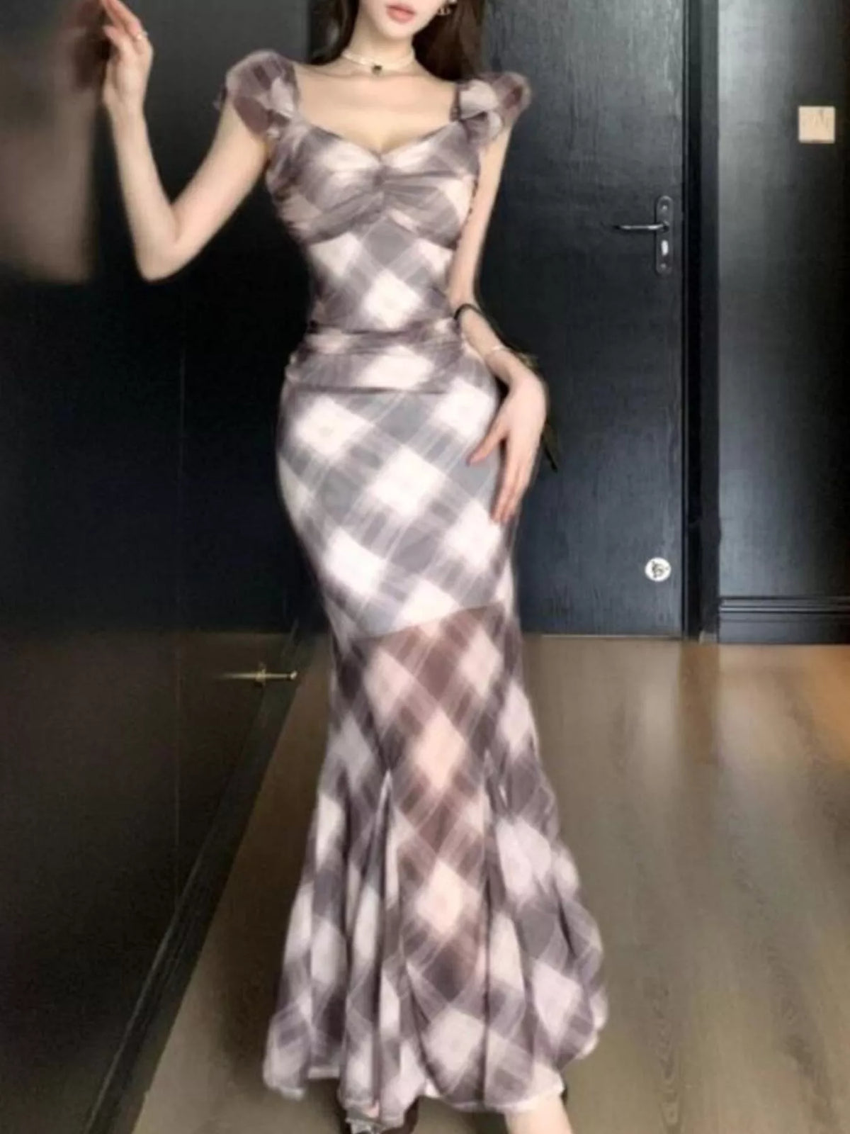 Plaid ruffle cap sleeve bodycon dress full length view