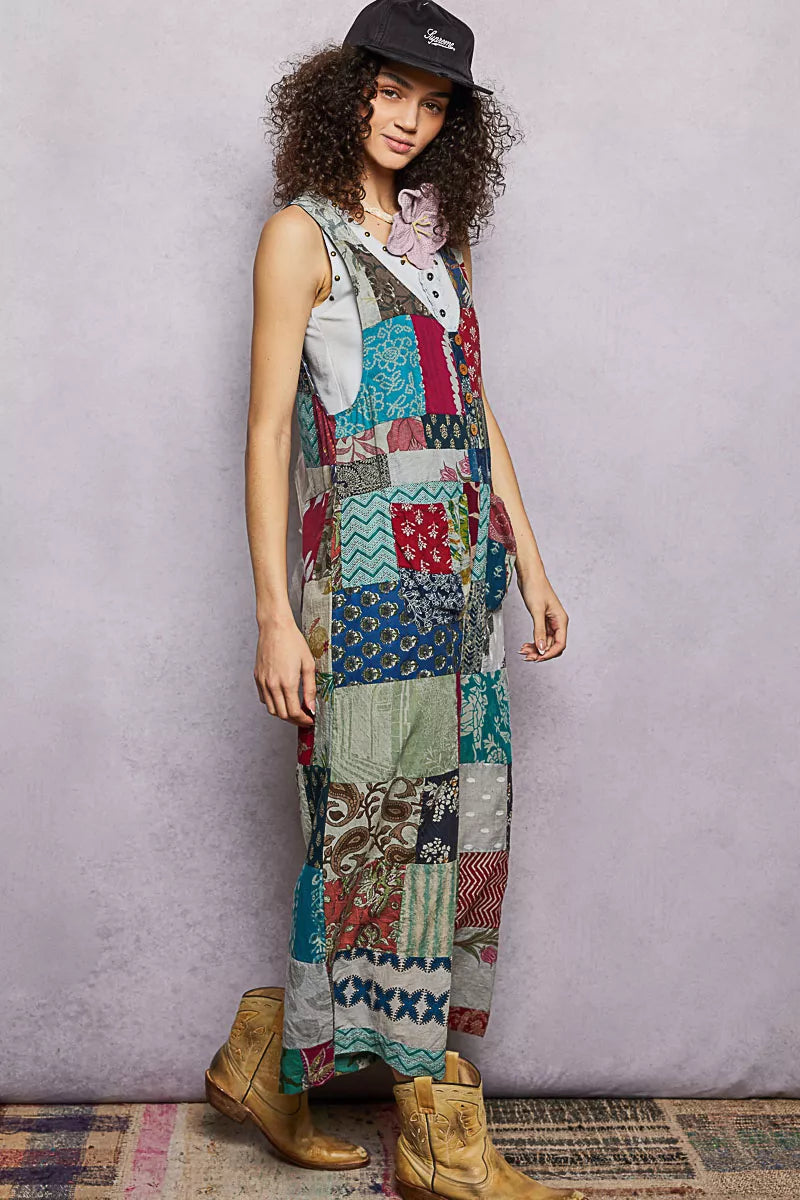 Sage patchwork wide leg jumpsuit side view