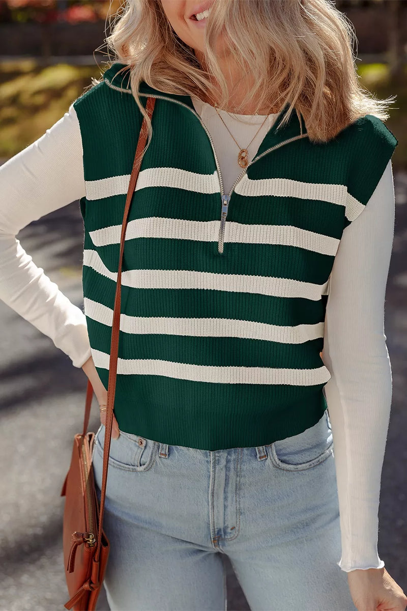 Ribbed half zip collared sweater vest, front view