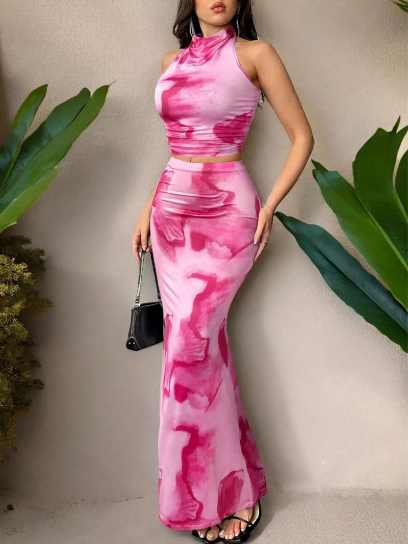 Tie dye halter top and mermaid skirt two piece set front view