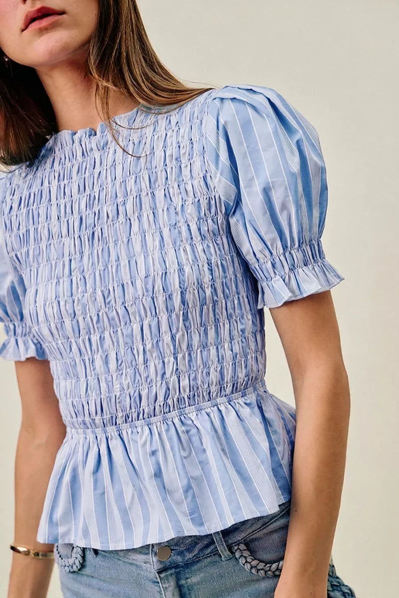 Blue striped smocked puff sleeve blouse side view