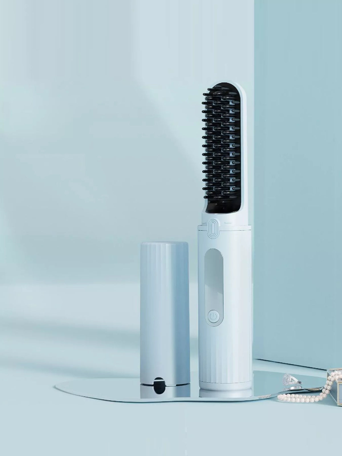 Straightening comb heated bristles close up