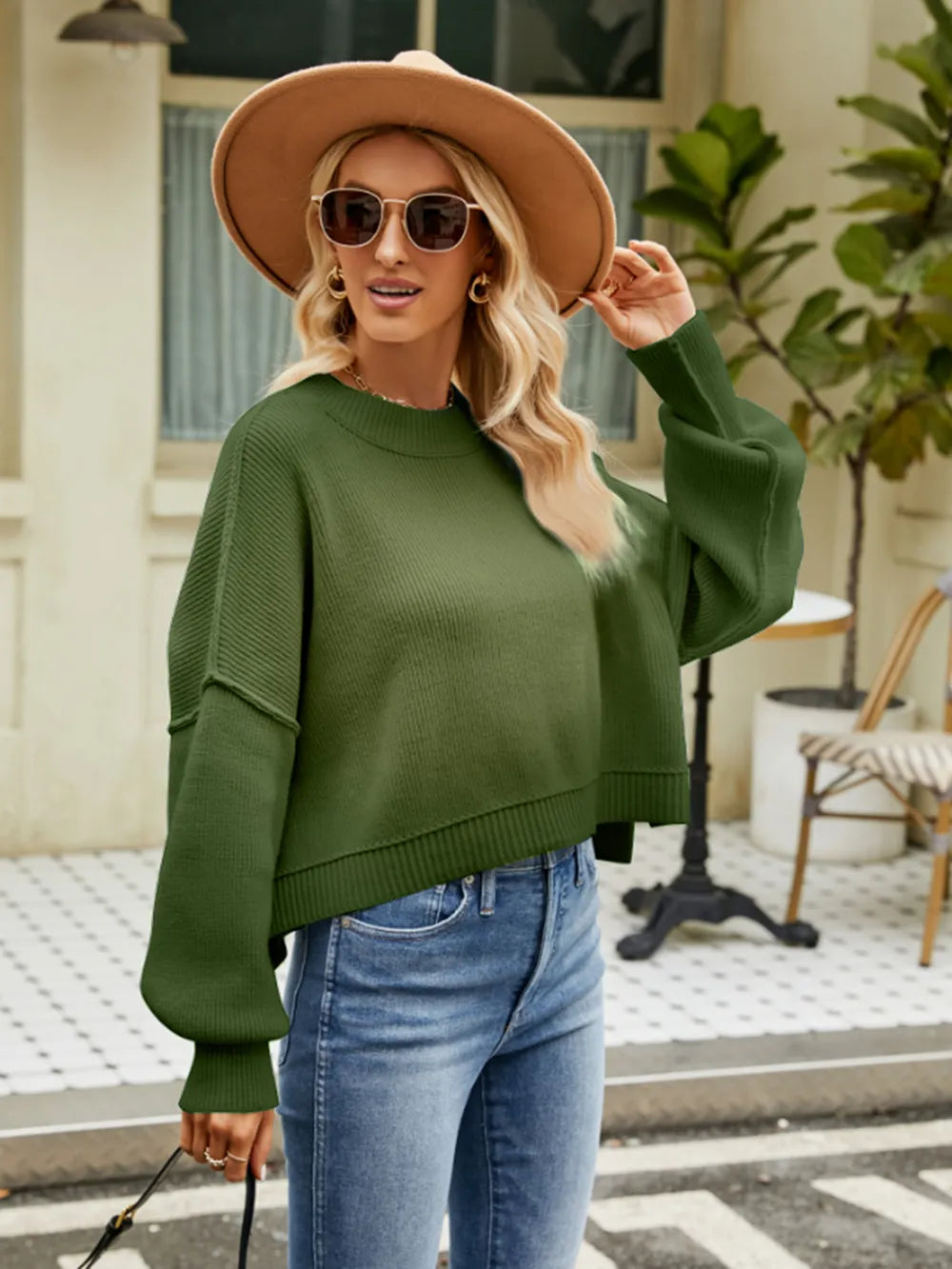 Round Neck Lantern Sleeve Sweater Army Green - Fashorio