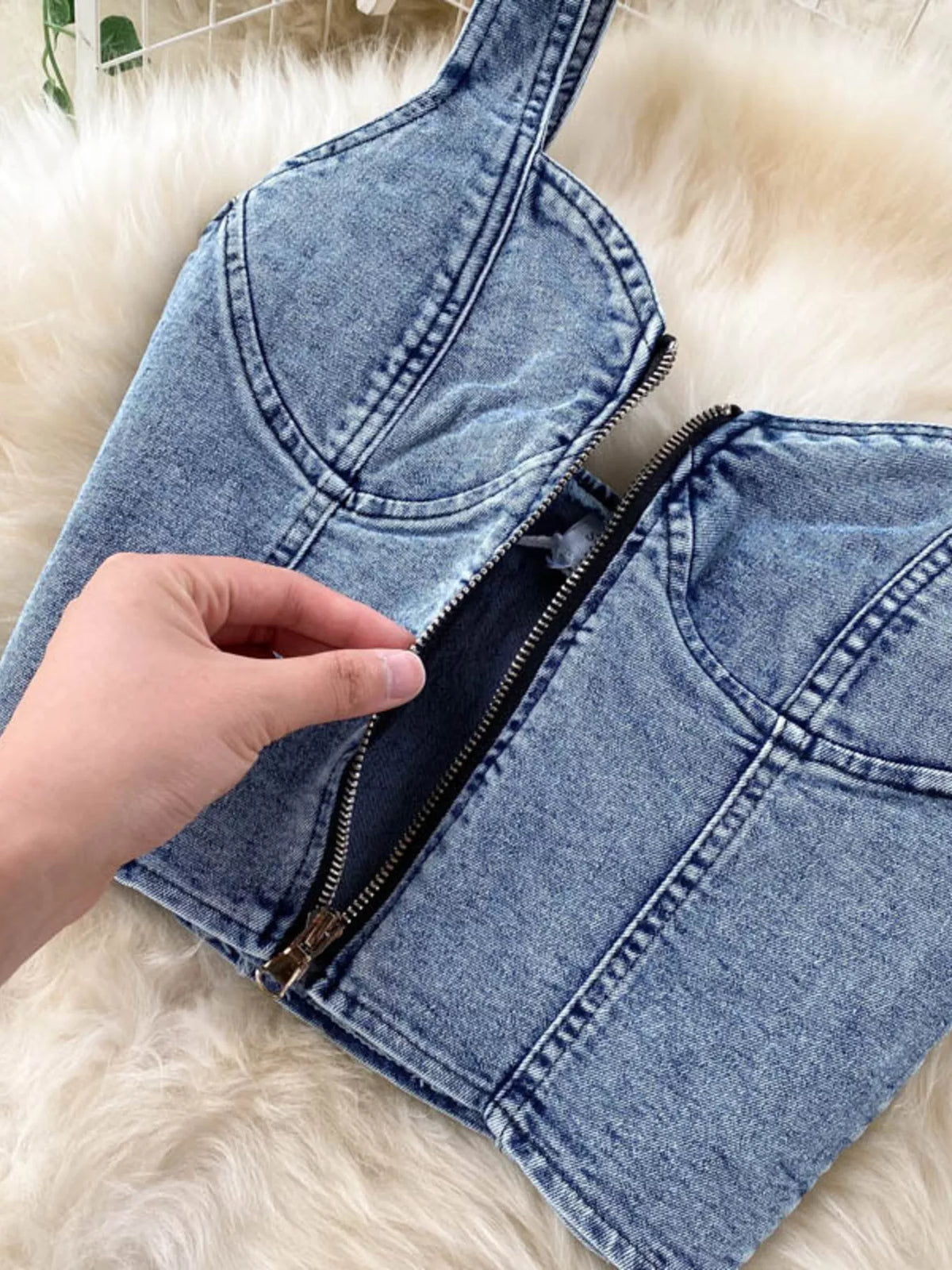 Zipper front top detail of denim set