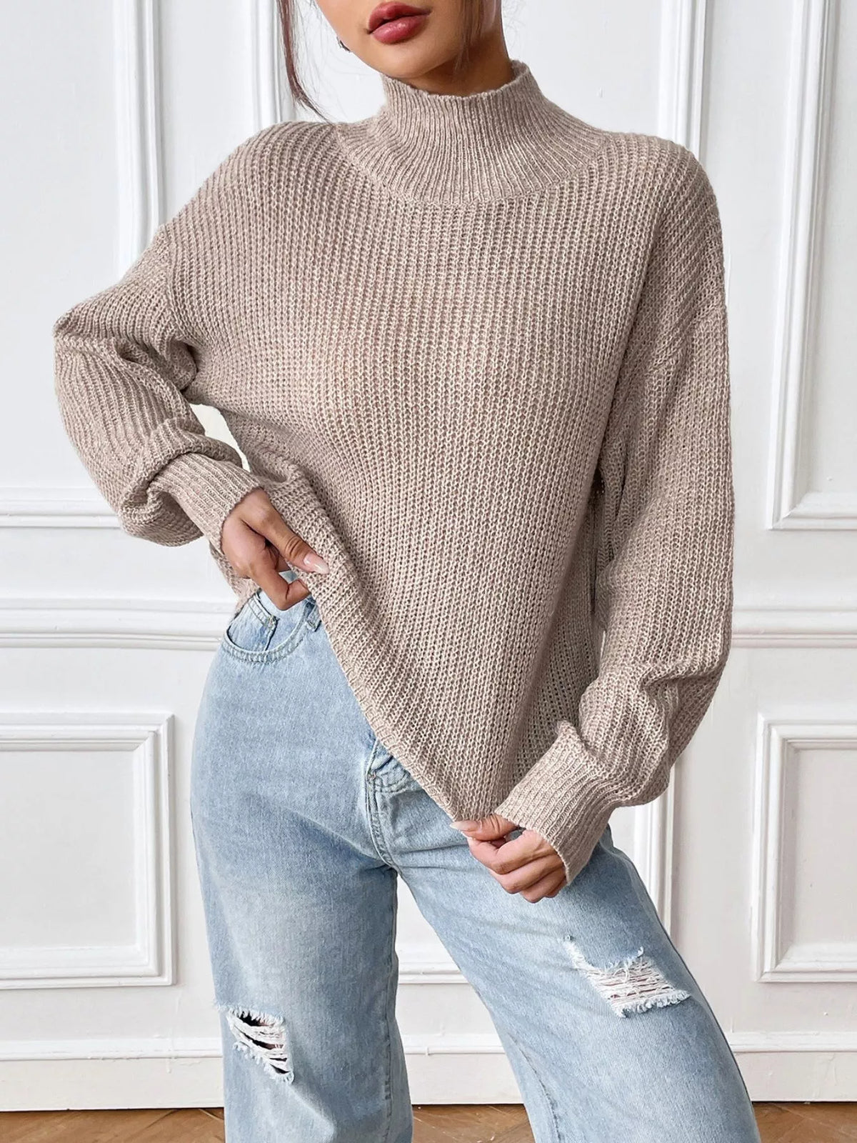 cozy knit turtleneck drop shoulder sweater mocha front view