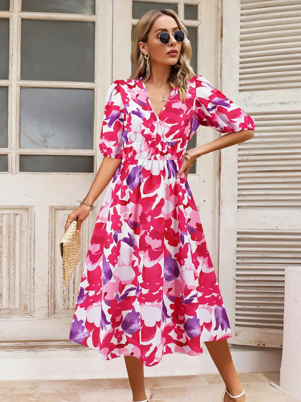Ruched Printed Surplice Short Sleeve Dress Hot Pink - Fashorio