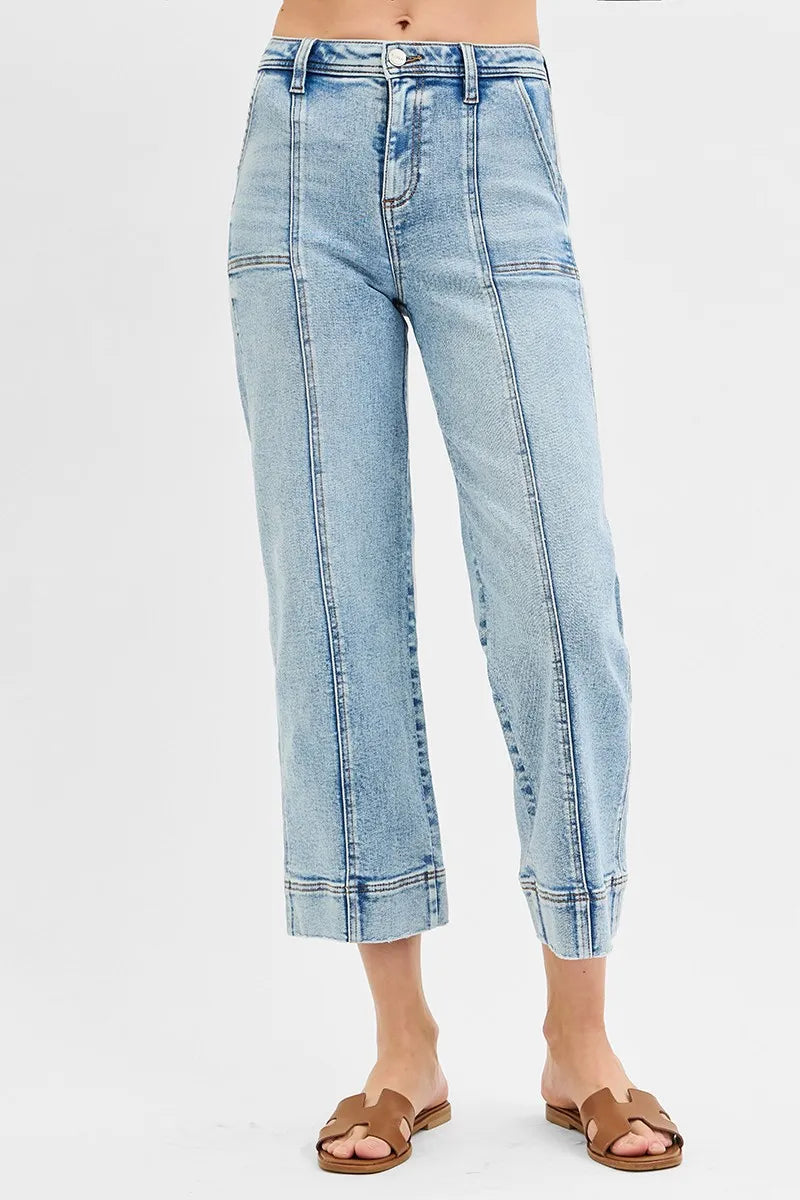 RISEN Full Size High Rise Crop Wide Front Seam Detailed Jeans Plus Size - Fashorio