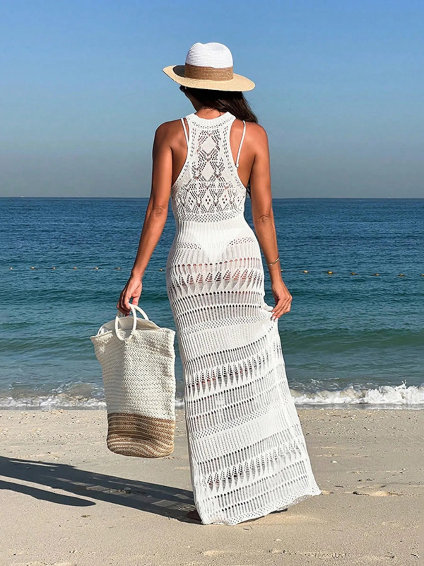 Crochet Sleeveless Split Cover-Up Maxi Dress White - Fashorio