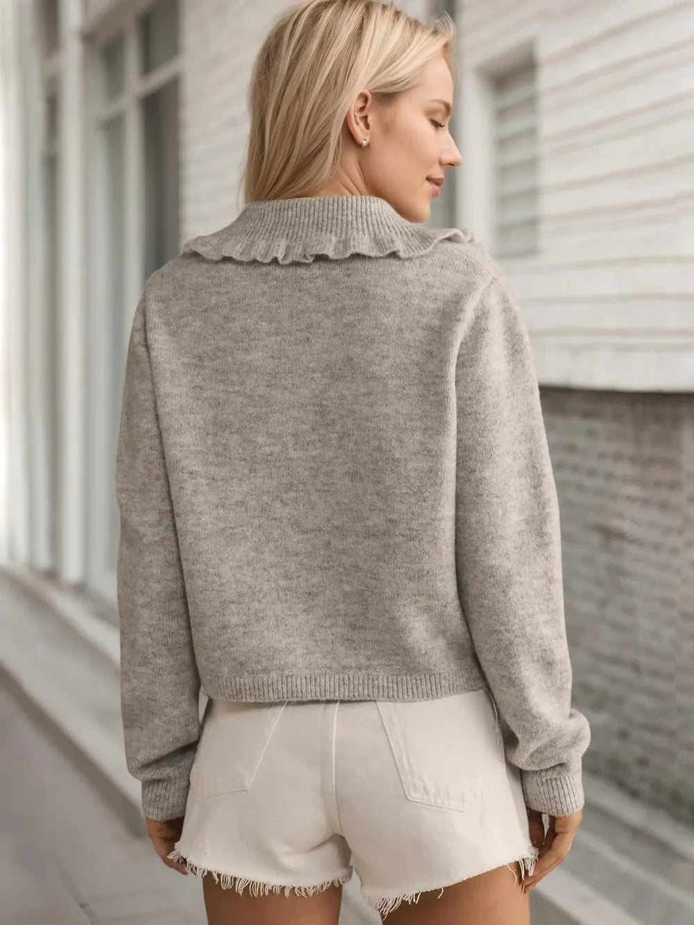 Frill Button Up Collared Neck Long Sleeve Cardigan - Fashorio