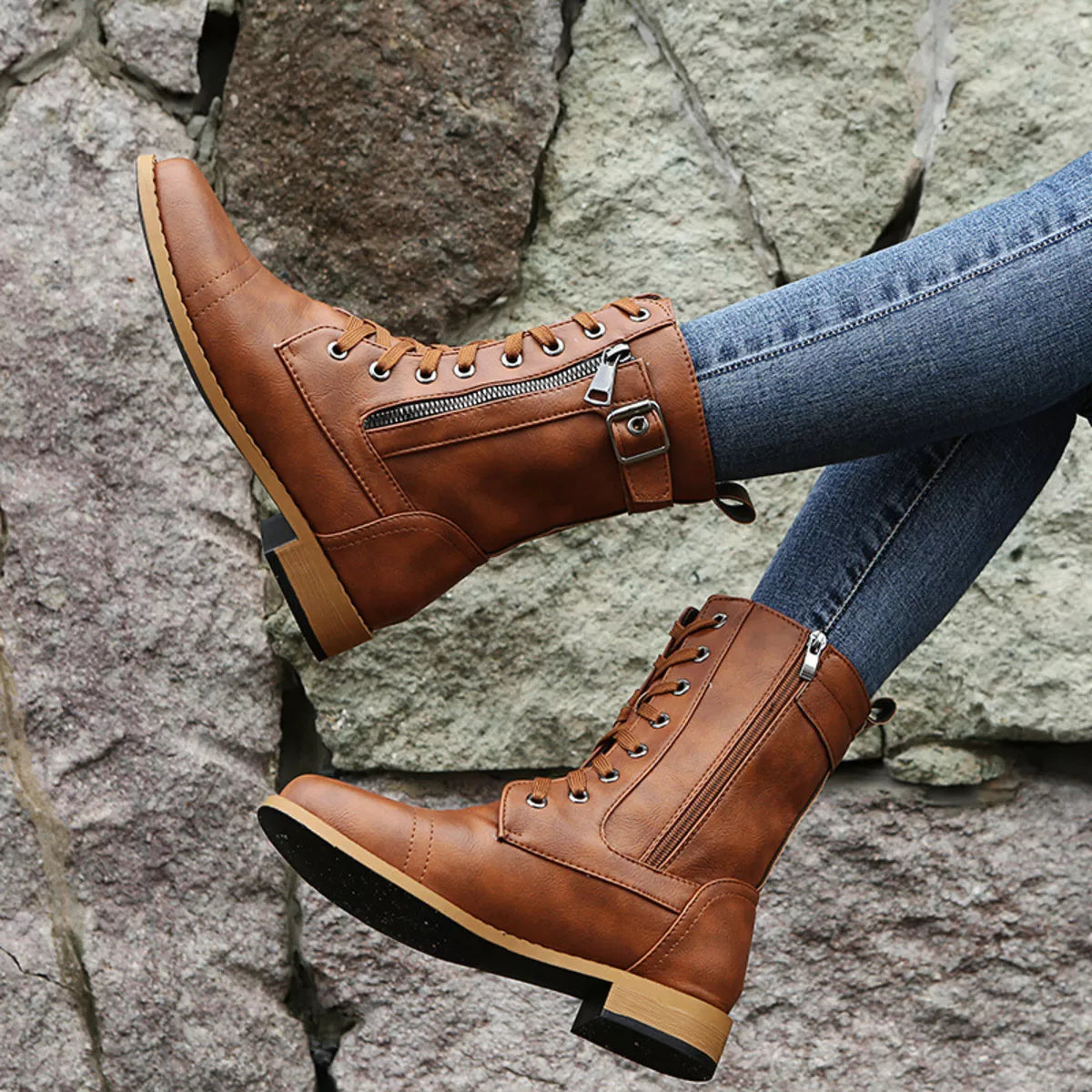 Lace Up Ankle Boots with Zipper Detail full length view