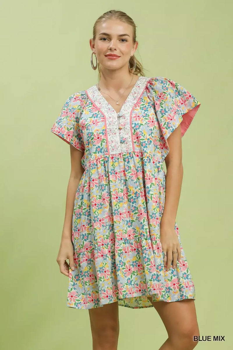 Mix Floral Tiered Mini Dress with Side Pockets