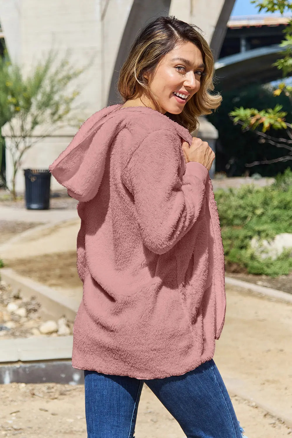 Teddy hooded jacket styled full length look