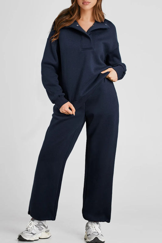 Half Snap Long Sleeve Top and Pants Active Set Dark Navy - Fashorio