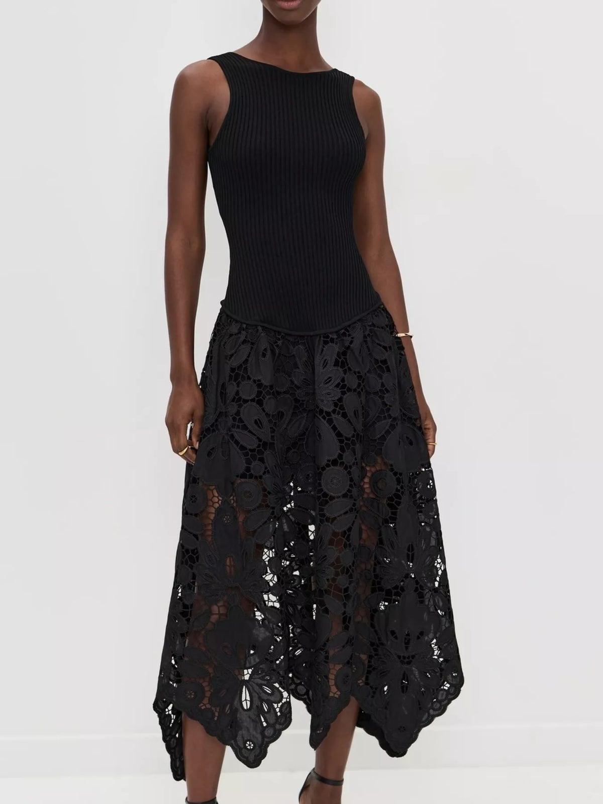 ribbed crochet sleeveless midi dress styled full length look