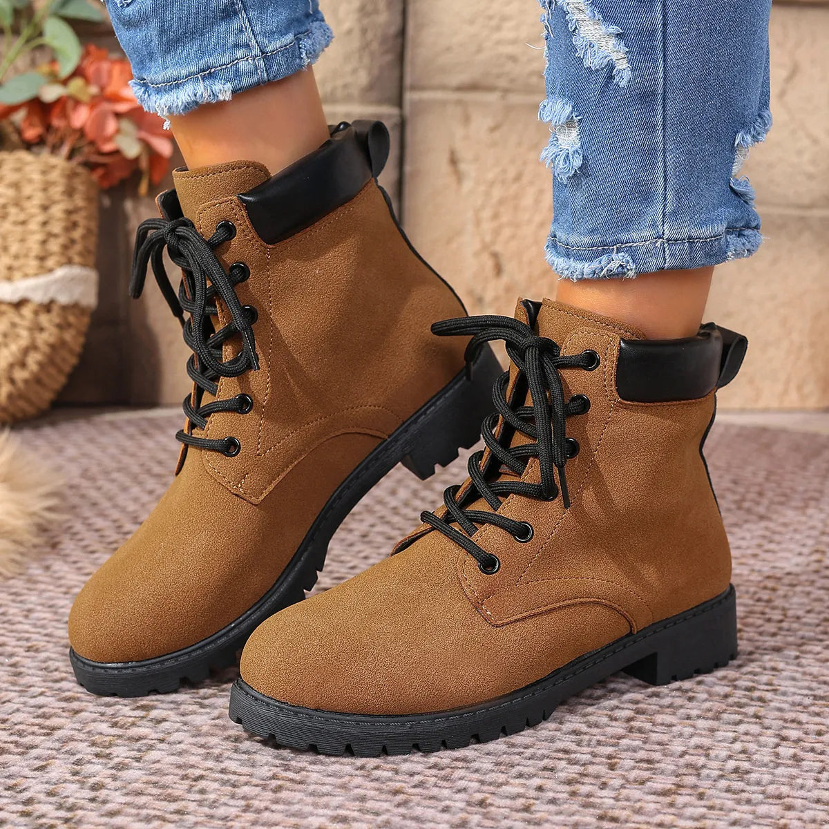 black lace up block heel boots angled pair view